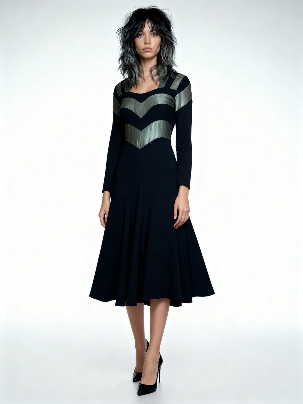 1970's Original Vintage Very Rare Ossie Clark / Quorum Black & Metallic Green Dress UK 8 - 10