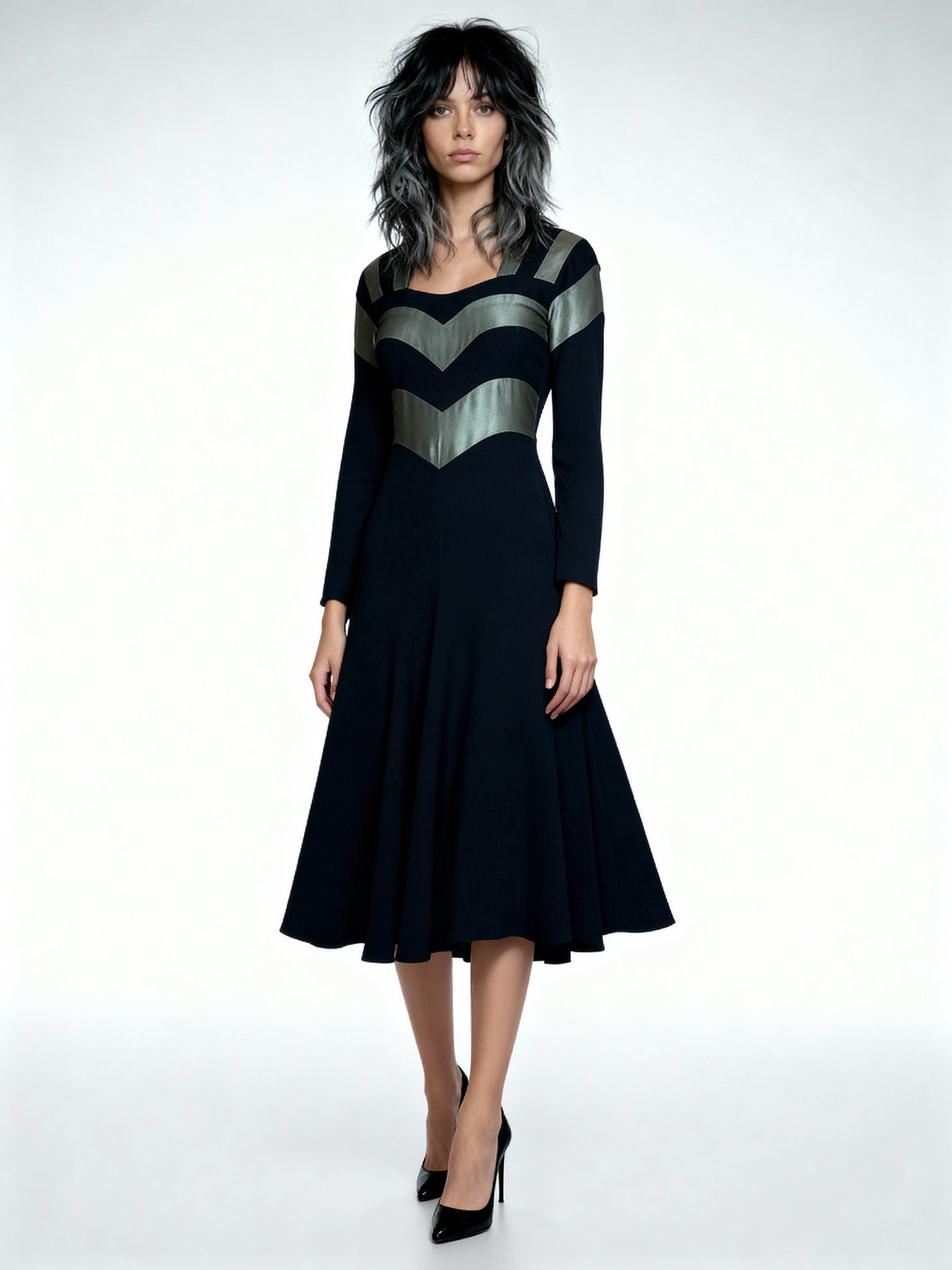 1970's Original Vintage Very Rare Ossie Clark / Quorum Black & Metallic Green Dress UK 8 - 10