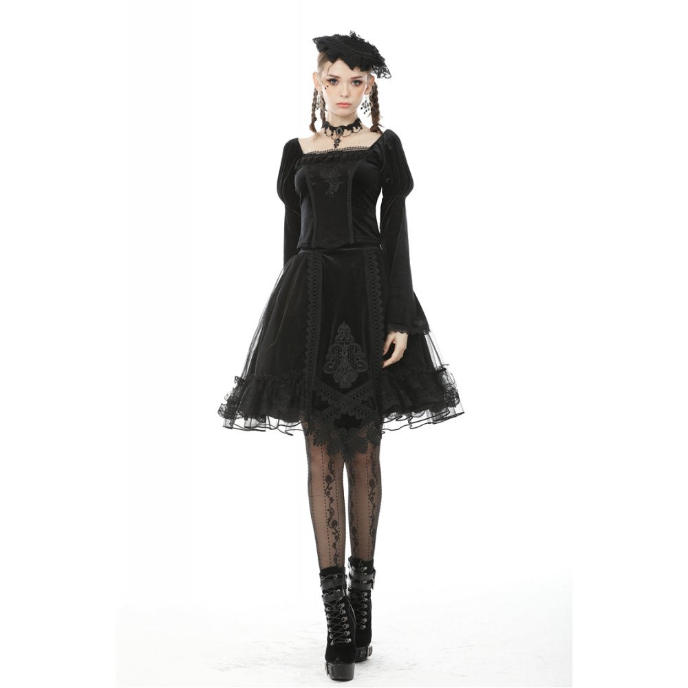 Dark in Love Melisandre Embroidered Velvet Mesh Goth Skirt in Black - DevilGothic DevilGothic