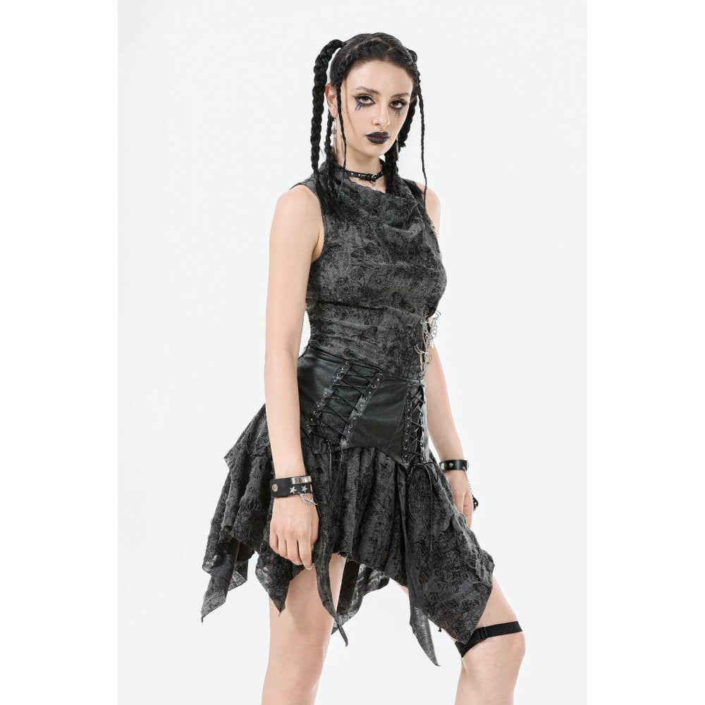 Dark in Love Elandra Layered Lace Handkerchief Hem Goth Skirt in Charcoal Black - DevilGothic DevilGothic