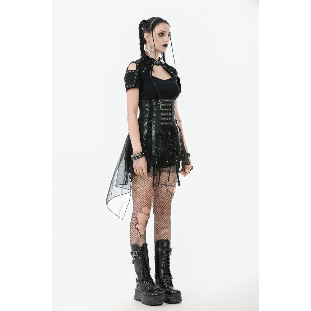Dark in Love Draven Layered Mesh & Faux Leather Waist Cincher Skirt - DevilGothic DevilGothic