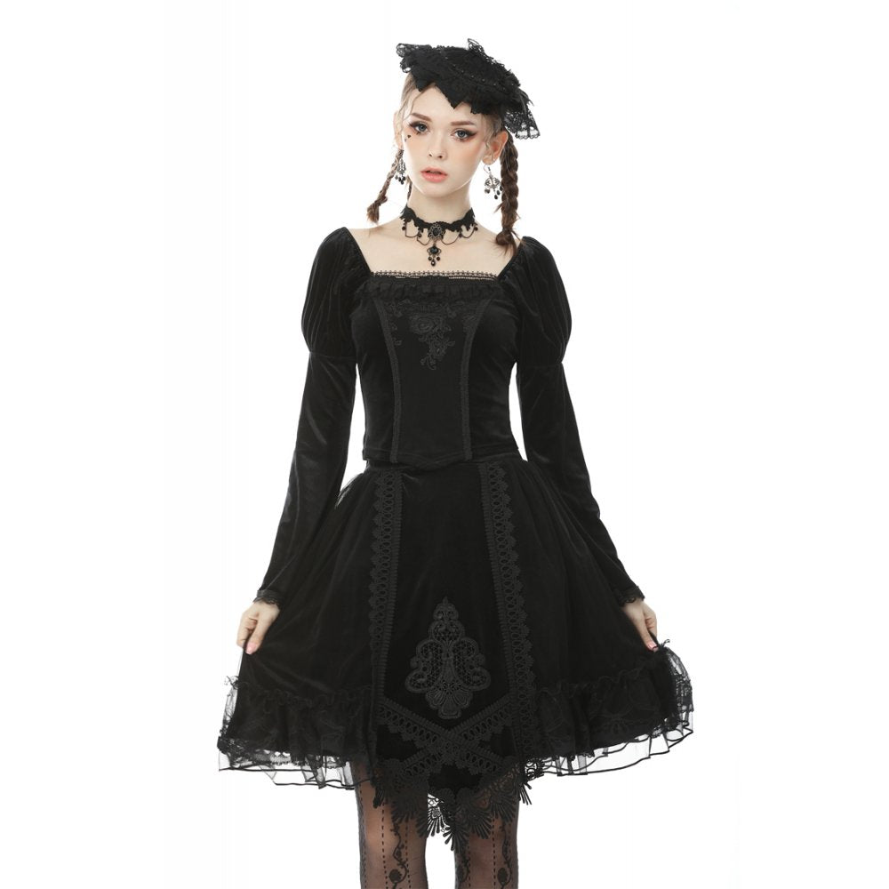 Dark in Love Melisandre Embroidered Velvet Mesh Goth Skirt in Black - DevilGothic DevilGothic