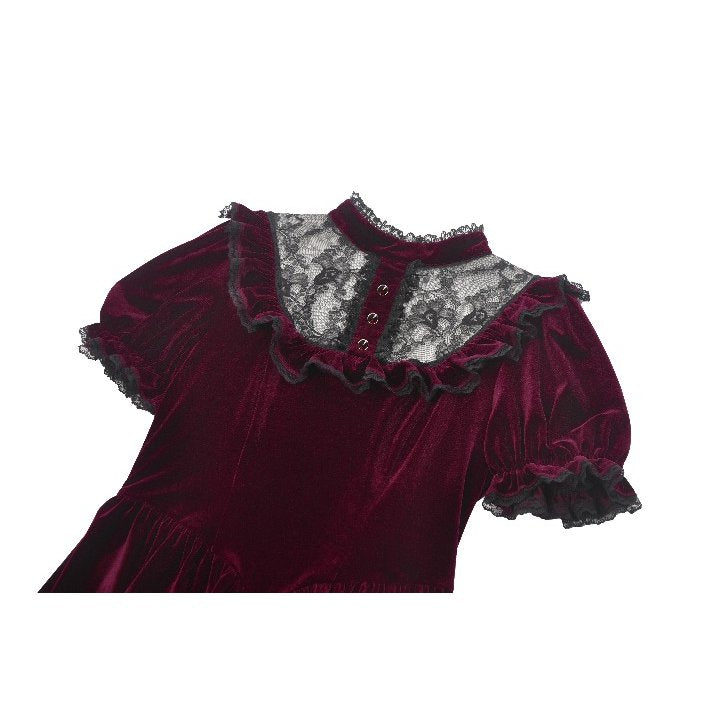 Dark in Love Ophelia Lace Collar Burgundy Velvet Goth Dress - DevilGothic DevilGothic