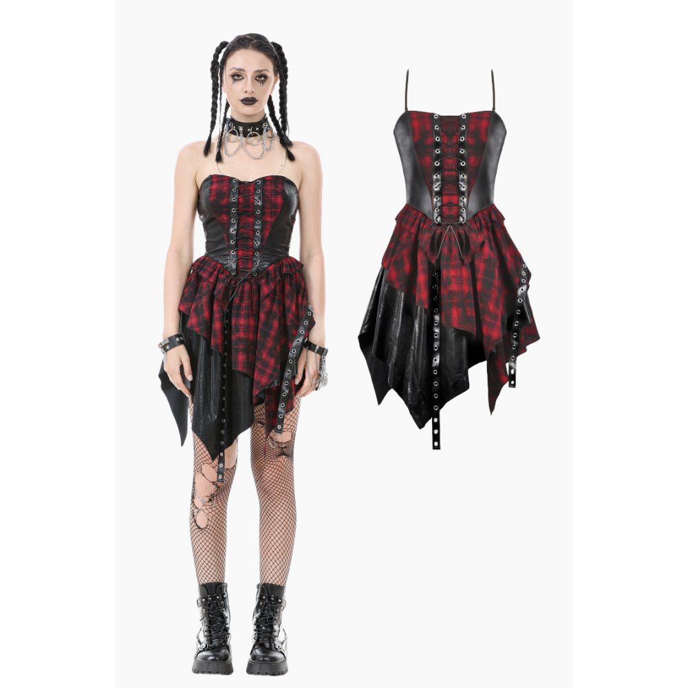 Dark in Love Red Tartan Corset Punk Dress with Handkerchief Skirt - DevilGothic DevilGothic