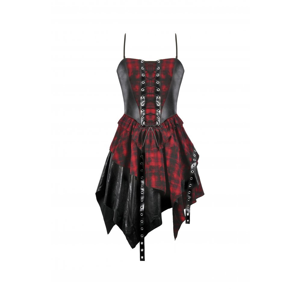Dark in Love Red Tartan Corset Punk Dress with Handkerchief Skirt - DevilGothic DevilGothic