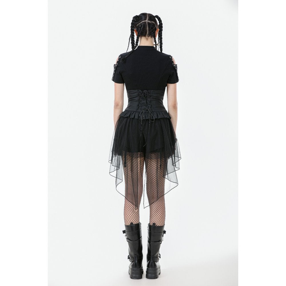 Dark in Love Draven Layered Mesh & Faux Leather Waist Cincher Skirt - DevilGothic DevilGothic