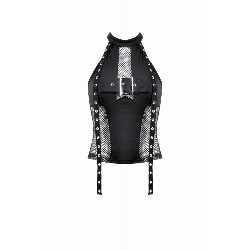 Dark in Love Bondage Mesh Panel Buckle Top - DevilGothic DevilGothic
