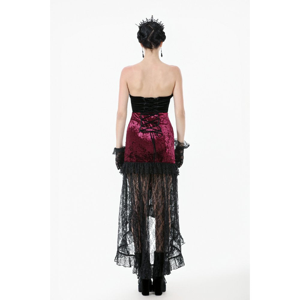 Dark in Love Crimson Queen Lace High-Low Goth Skirt in Burgundy & Black - DevilGothic DevilGothic