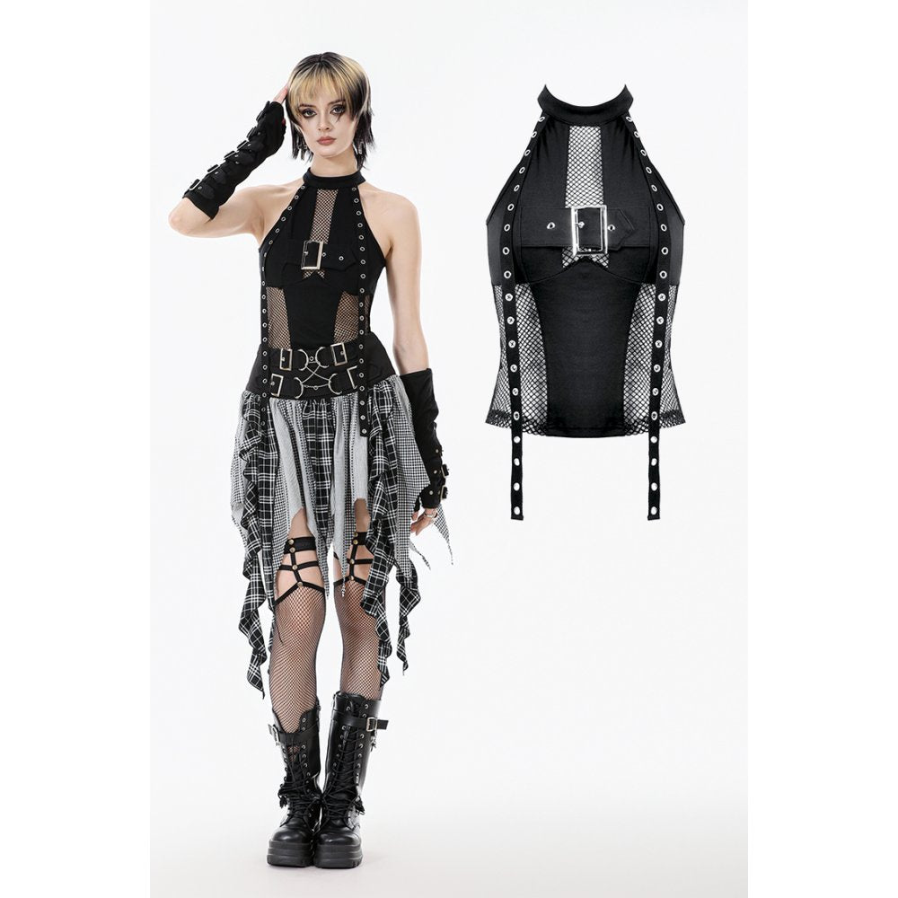 Dark in Love Bondage Mesh Panel Buckle Top - DevilGothic DevilGothic
