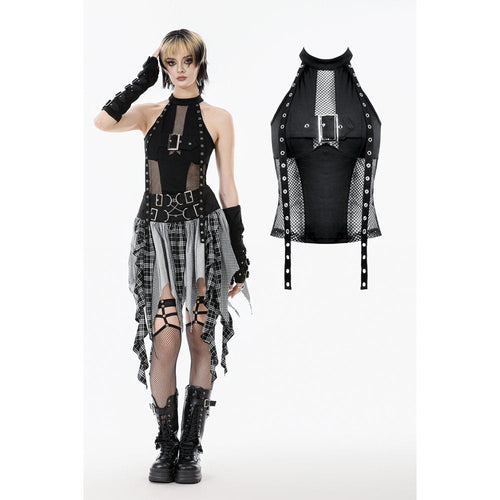 Dark in Love Bondage Mesh Panel Buckle Top - DevilGothic DevilGothic