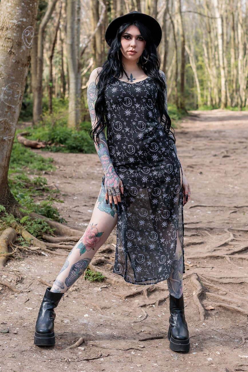 Alternative Moonprint Maxi Dress With Straps And Leg Split - DevilGothic DevilGothic