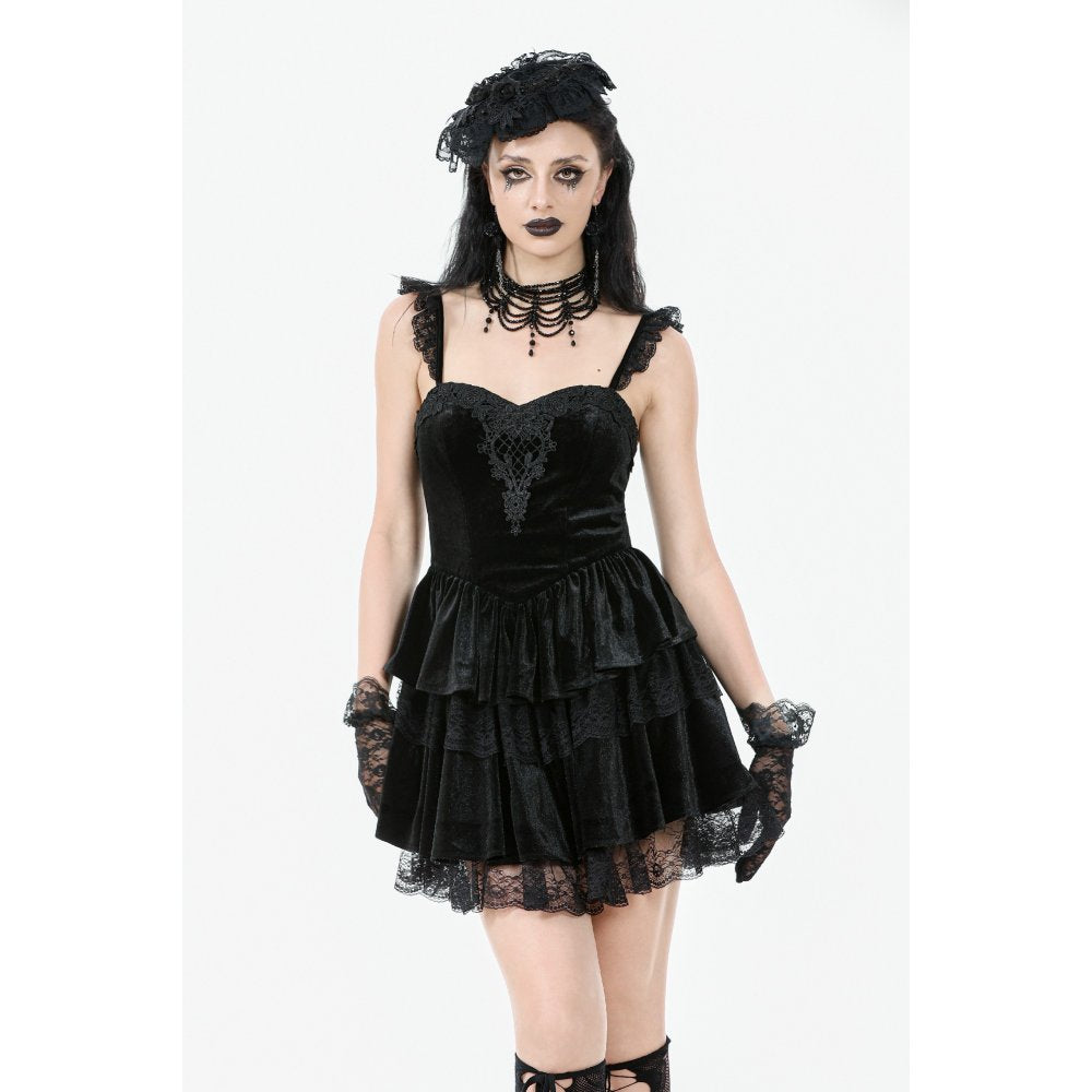 Dark in Love Nocturne Ruffled Velvet Lace Goth Dress in Black - DevilGothic DevilGothic