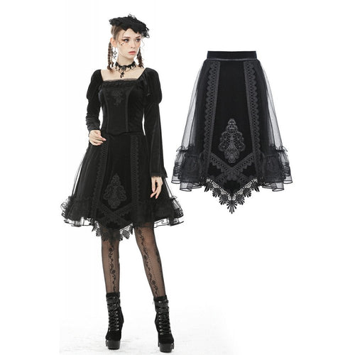 Dark in Love Melisandre Embroidered Velvet Mesh Goth Skirt in Black - DevilGothic DevilGothic