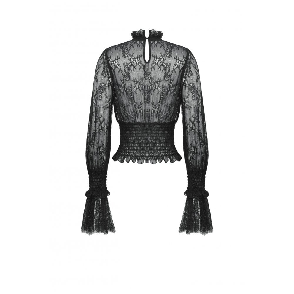 Dark in Love Aoife Black Hollow Lace Elastic Pleated Waist Eyelash Lace Cuff Top - DevilGothic DevilGothic