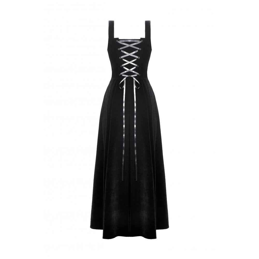 Dark in Love Lux Black Velvet Horn Embroidery Maxi Dress