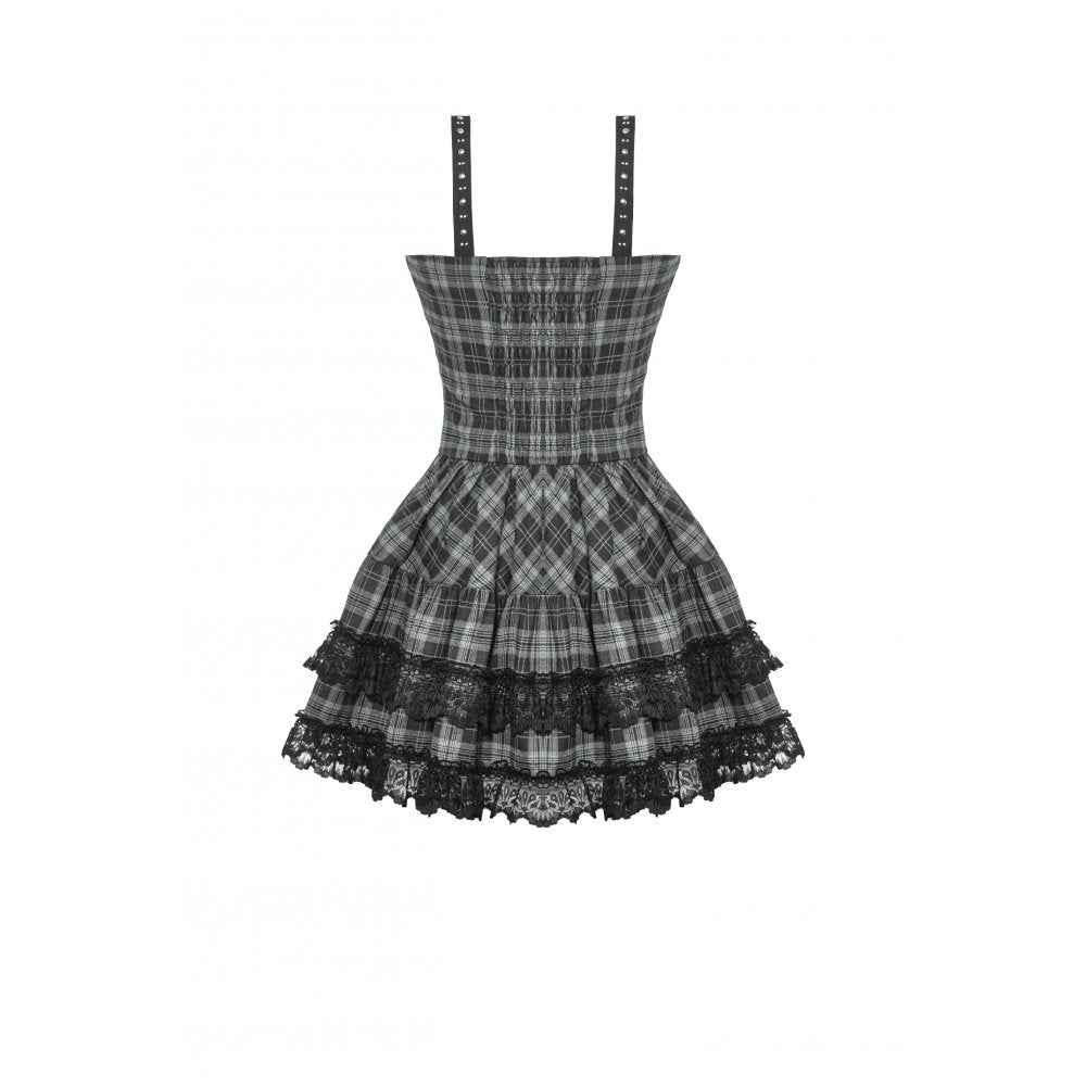 Dark in Love Ida Punk Grey Tartan Metal Studded Dress
