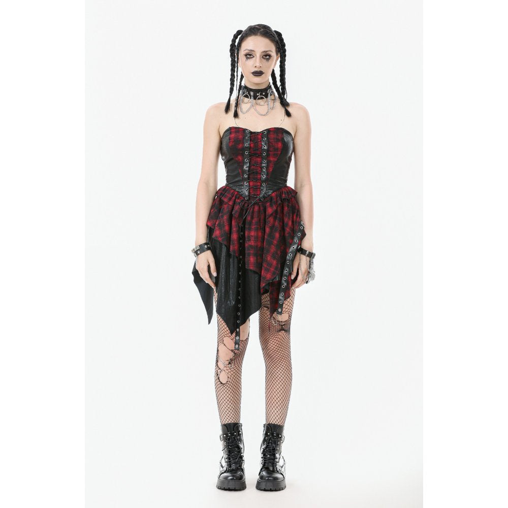 Dark in Love Red Tartan Corset Punk Dress with Handkerchief Skirt - DevilGothic DevilGothic