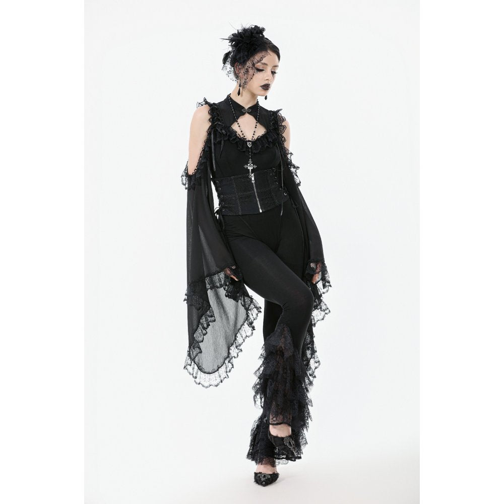Dark in Love Goth Flare Leggings with Lace Frills - DevilGothic DevilGothic