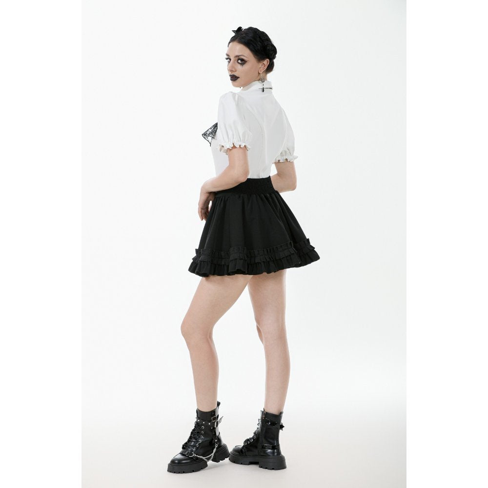 Dark in Love Elysia Ruffle Bib Puff Sleeve Goth Blouse in White - DevilGothic DevilGothic