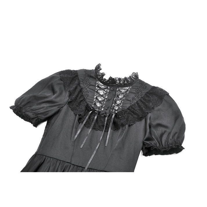 Dark in Love Belladonna Lace-Up High Collar Puff Sleeve Goth Dress  in Black - DevilGothic DevilGothic
