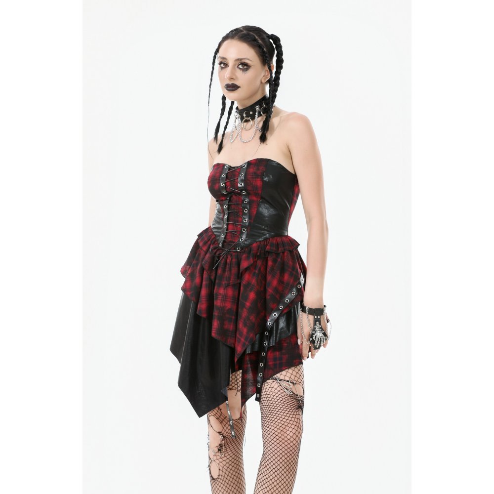 Dark in Love Red Tartan Corset Punk Dress with Handkerchief Skirt - DevilGothic DevilGothic