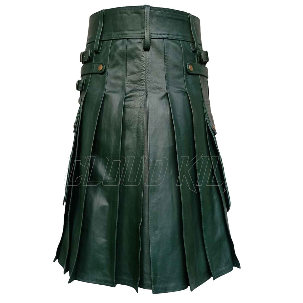 Men's Green Leather Kilt with Sporran – Handmade Real Leather Scottish Highland Kilt 24" Drop | Made to Order