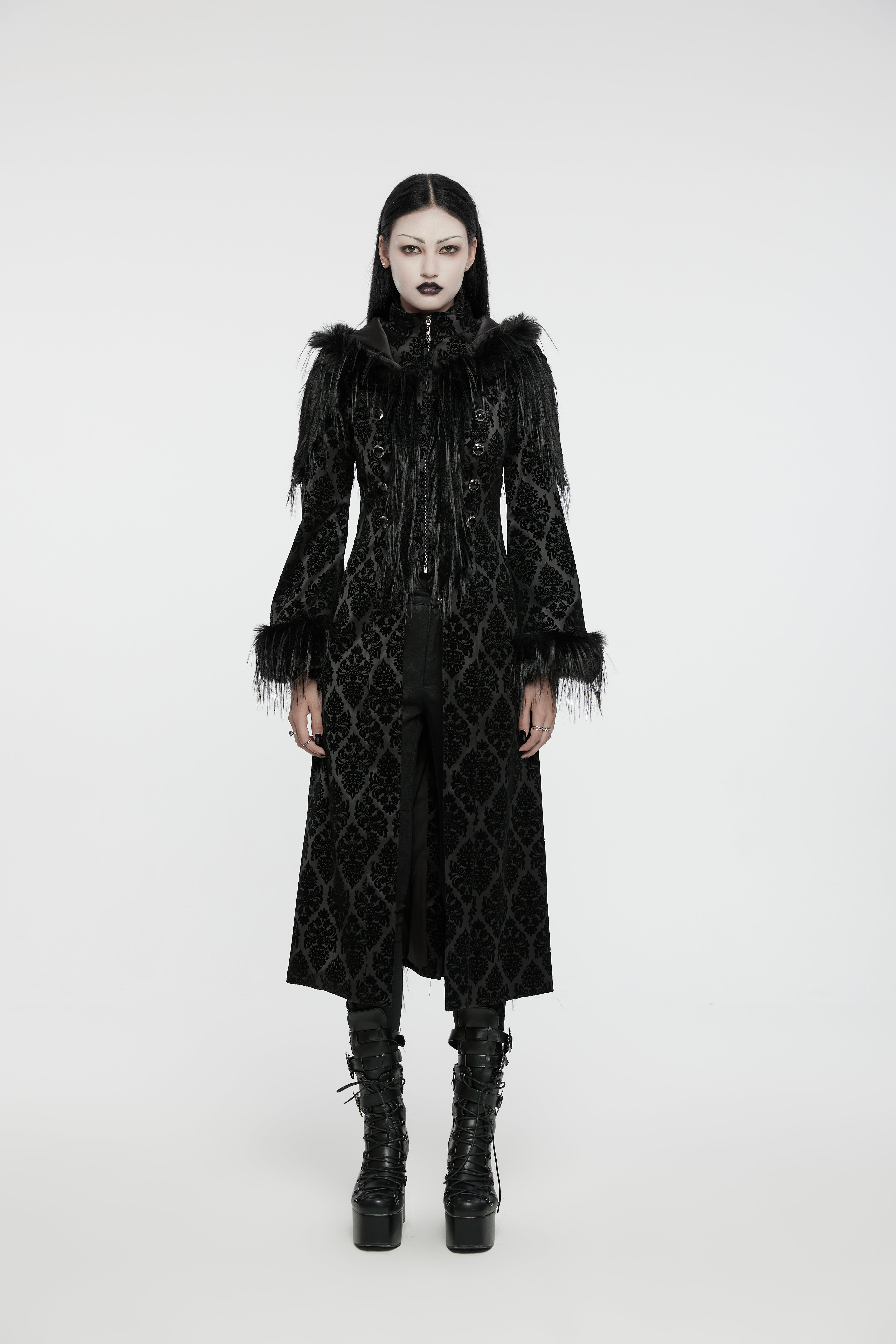 Punk Rave Morrigan Goth Gorgeous Jacquard Coat - Black - DevilGothic DevilGothic