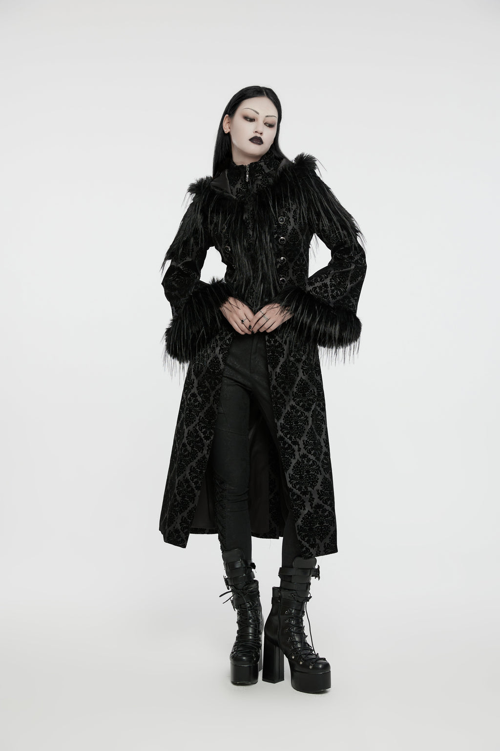 Punk Rave Morrigan Goth Gorgeous Jacquard Coat - Black - DevilGothic DevilGothic
