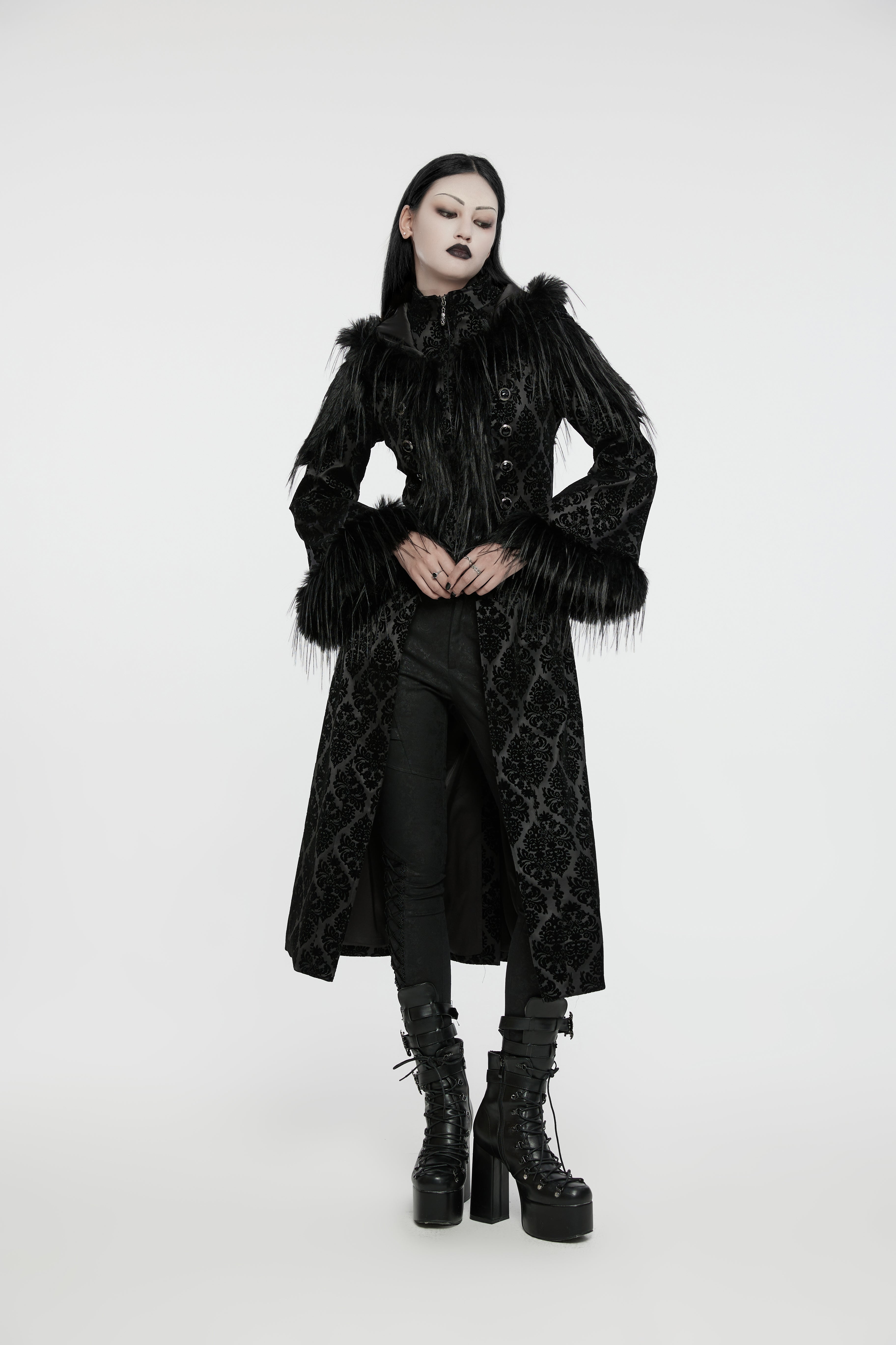 Punk Rave Morrigan Goth Gorgeous Jacquard Coat - Black - DevilGothic DevilGothic