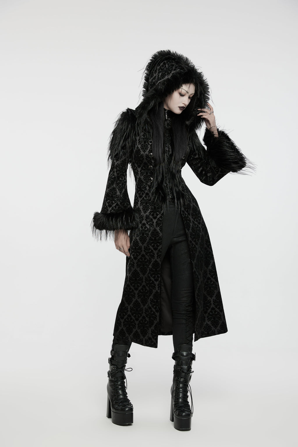 Punk Rave Morrigan Goth Gorgeous Jacquard Coat - Black - DevilGothic DevilGothic