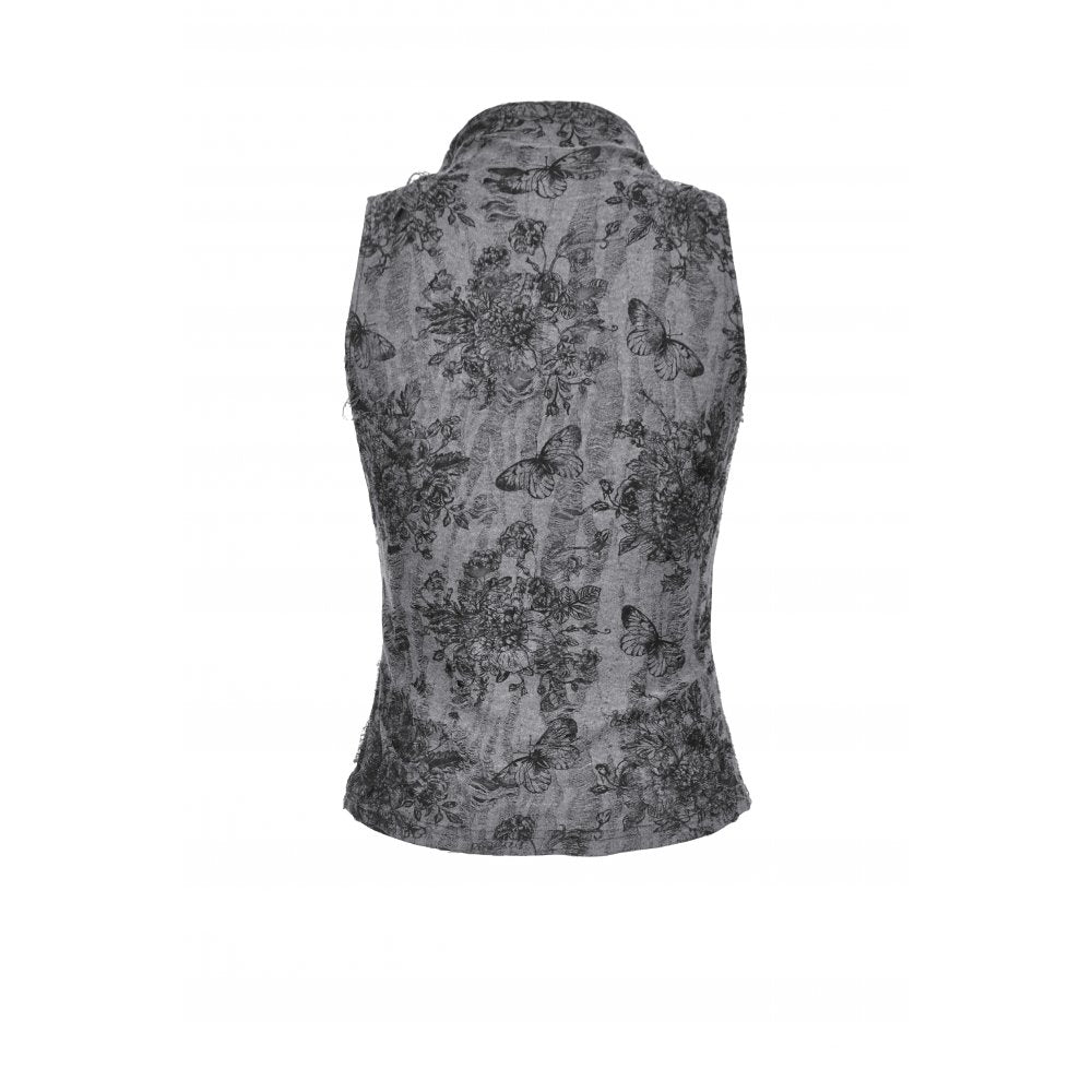 Dark in Love Shredded Butterfly Print Halter Goth Top In Grey - DevilGothic DevilGothic