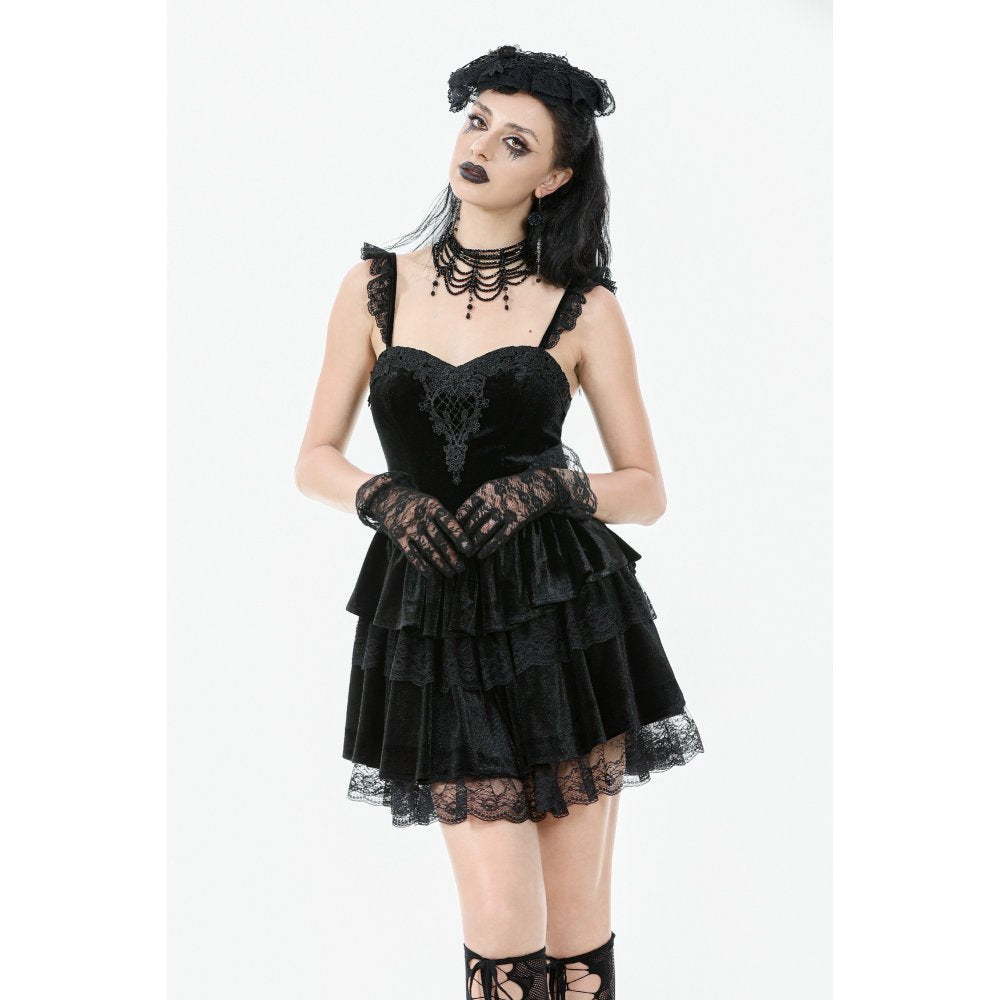 Dark in Love Nocturne Ruffled Velvet Lace Goth Dress in Black - DevilGothic DevilGothic