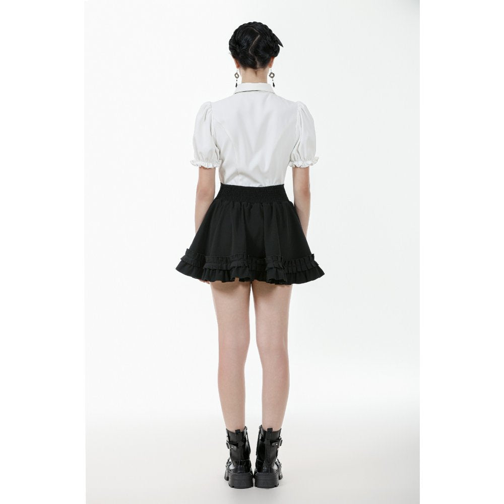 Dark in Love Elysia Ruffle Bib Puff Sleeve Goth Blouse in White - DevilGothic DevilGothic