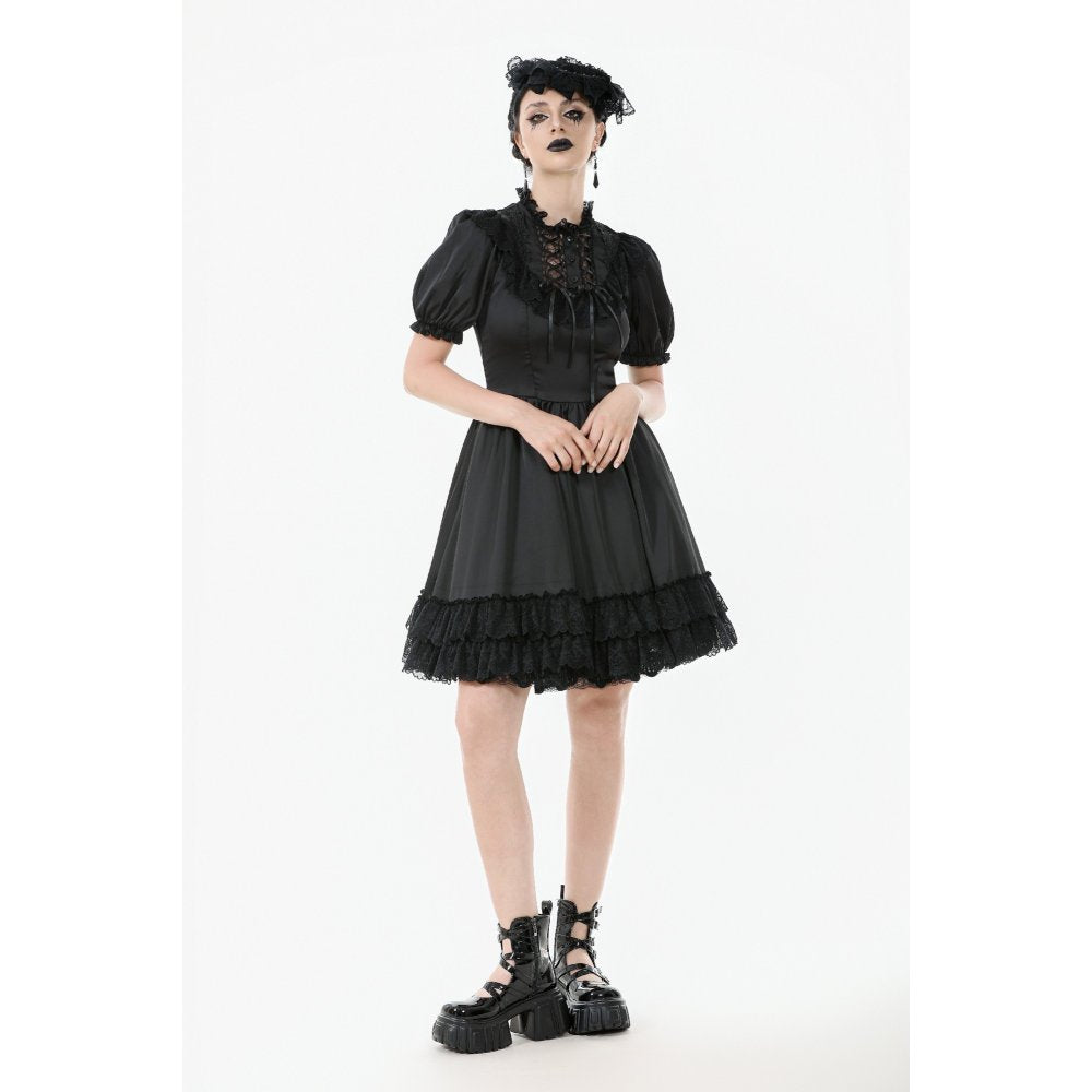 Dark in Love Belladonna Lace-Up High Collar Puff Sleeve Goth Dress  in Black - DevilGothic DevilGothic