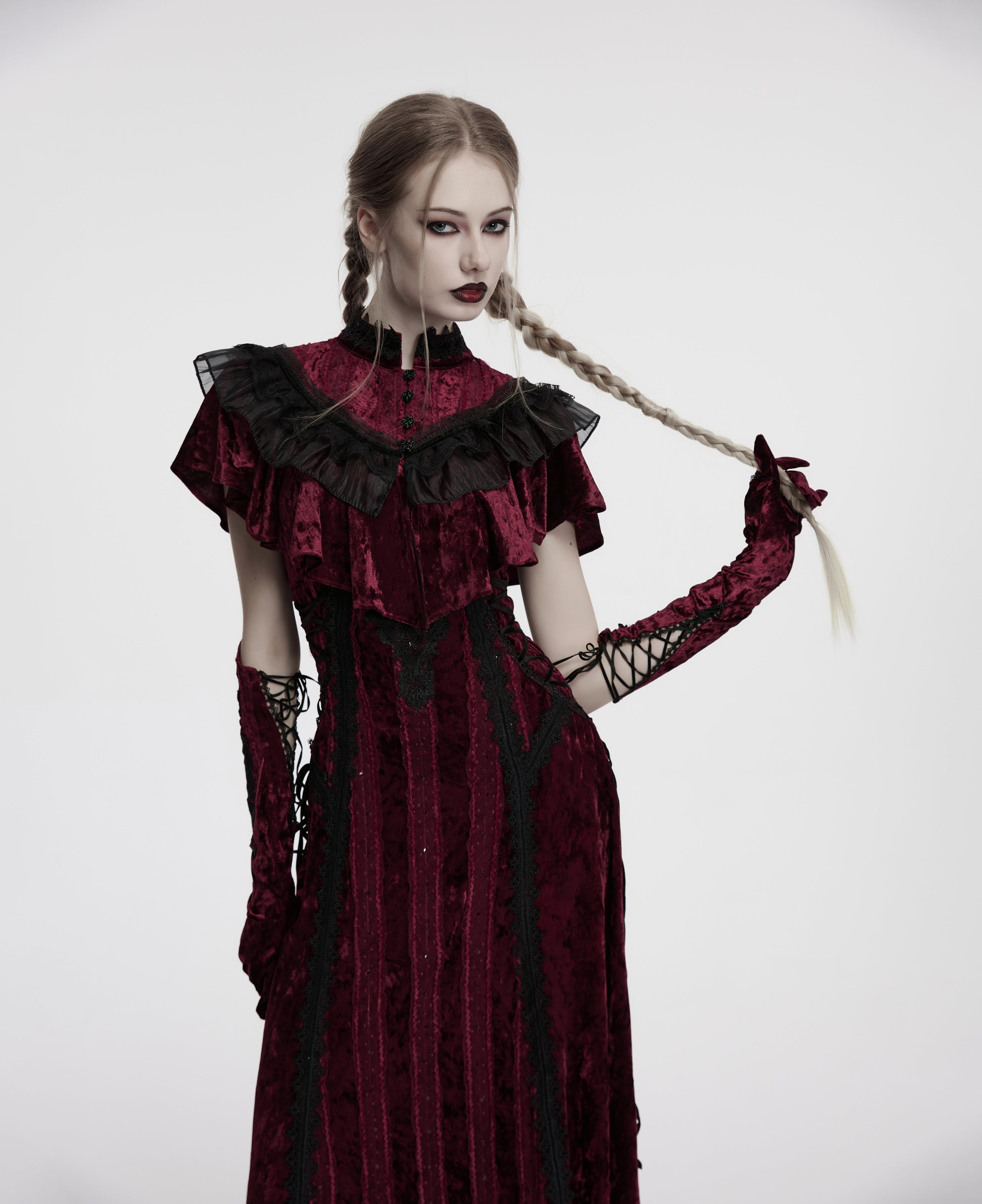Punk Rave Selene Embroidered Velvet Gloves in Crimson - DevilGothic DevilGothic