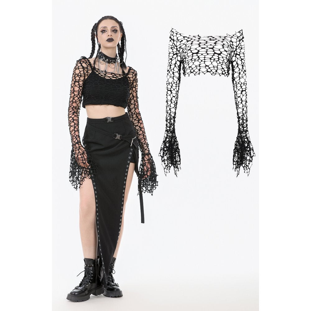 Dark in Love Morana Mesh Crochet Knit Bell Sleeve Crop Top - DevilGothic DevilGothic