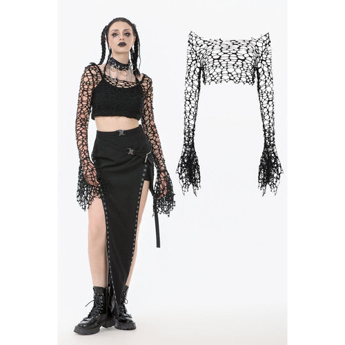Dark in Love Morana Mesh Crochet Knit Bell Sleeve Crop Top - DevilGothic DevilGothic