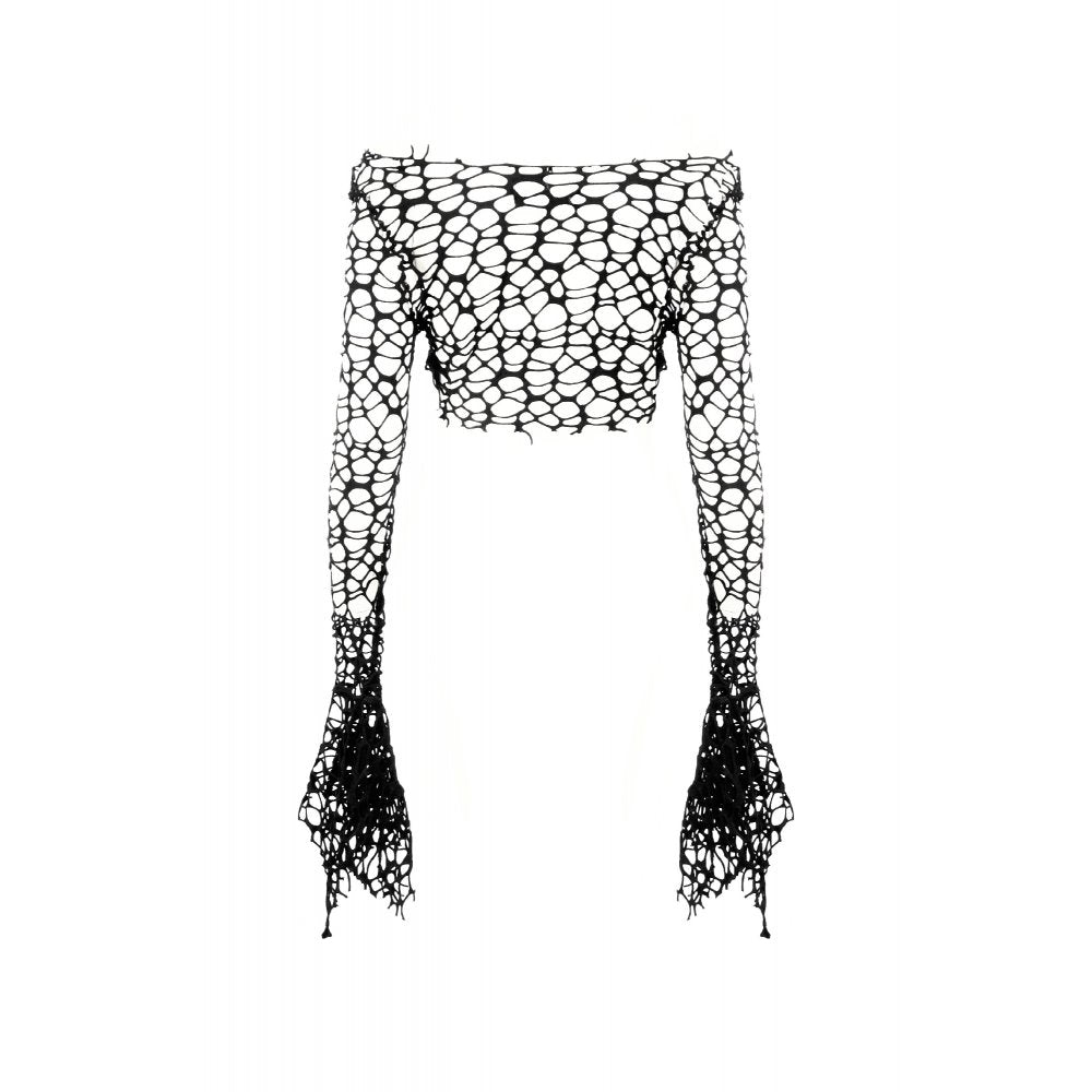 Dark in Love Morana Mesh Crochet Knit Bell Sleeve Crop Top - DevilGothic DevilGothic