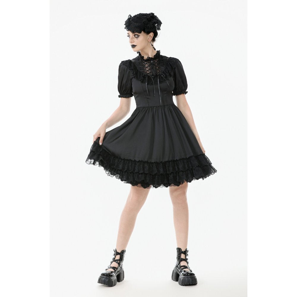 Dark in Love Belladonna Lace-Up High Collar Puff Sleeve Goth Dress  in Black - DevilGothic DevilGothic