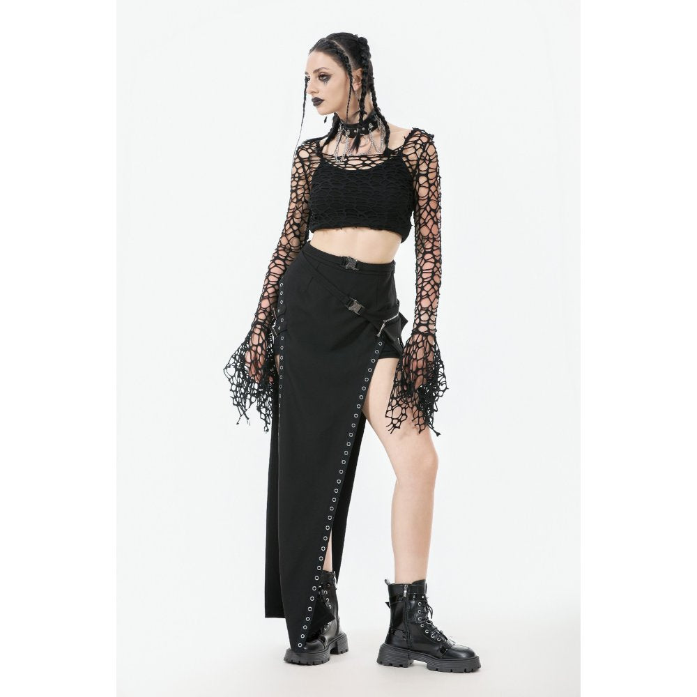 Dark in Love Morana Mesh Crochet Knit Bell Sleeve Crop Top - DevilGothic DevilGothic
