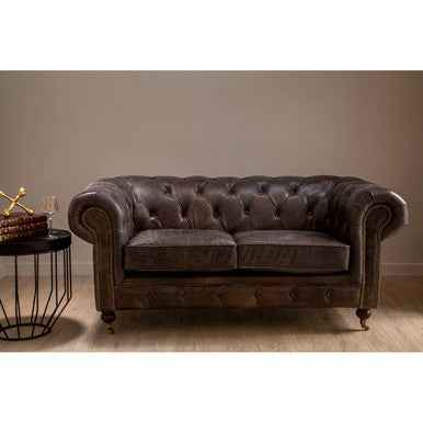 2 Seater Dark Grey Brown Leather Chesterfield Sofa | Victor