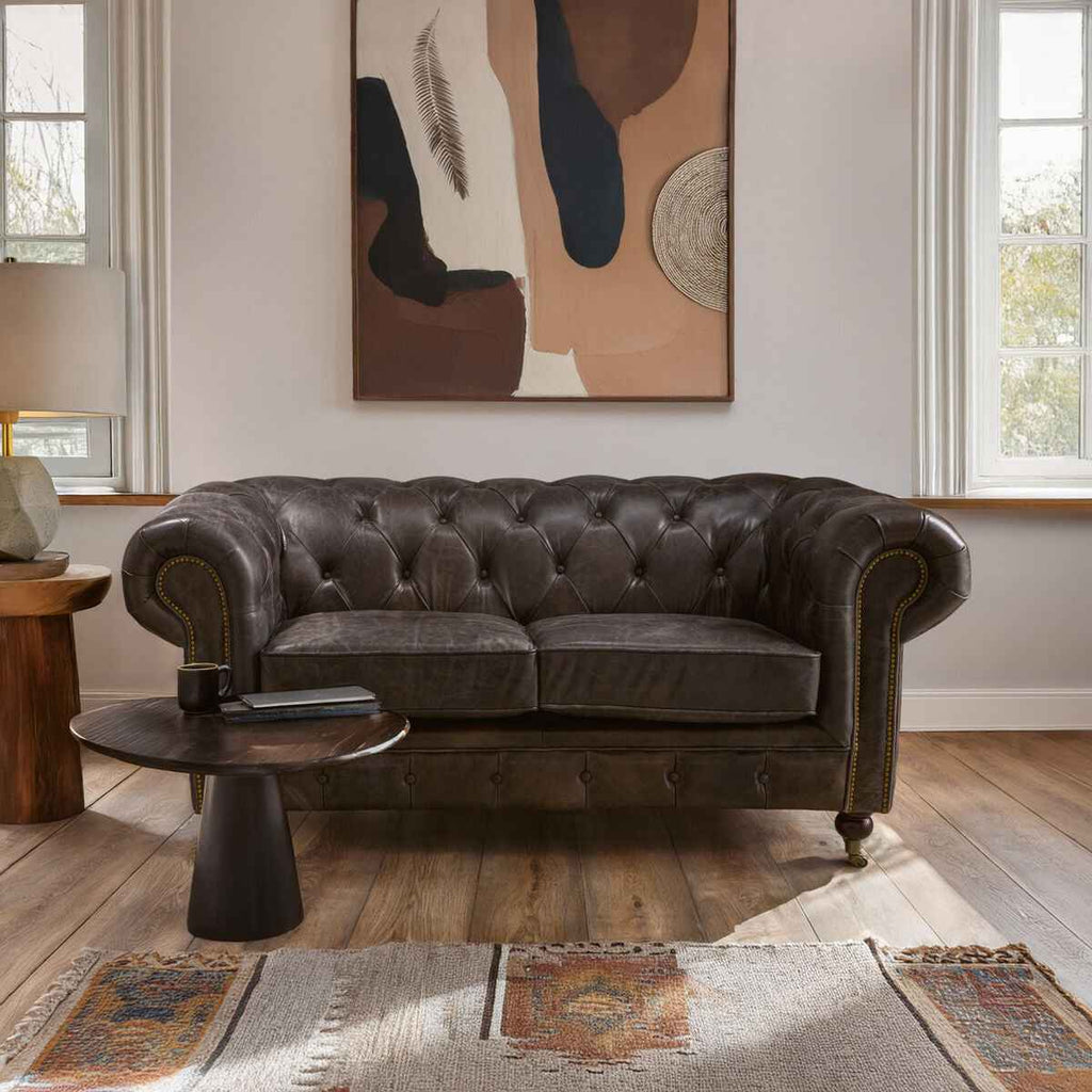 2 Seater Dark Grey Brown Leather Chesterfield Sofa | Victor