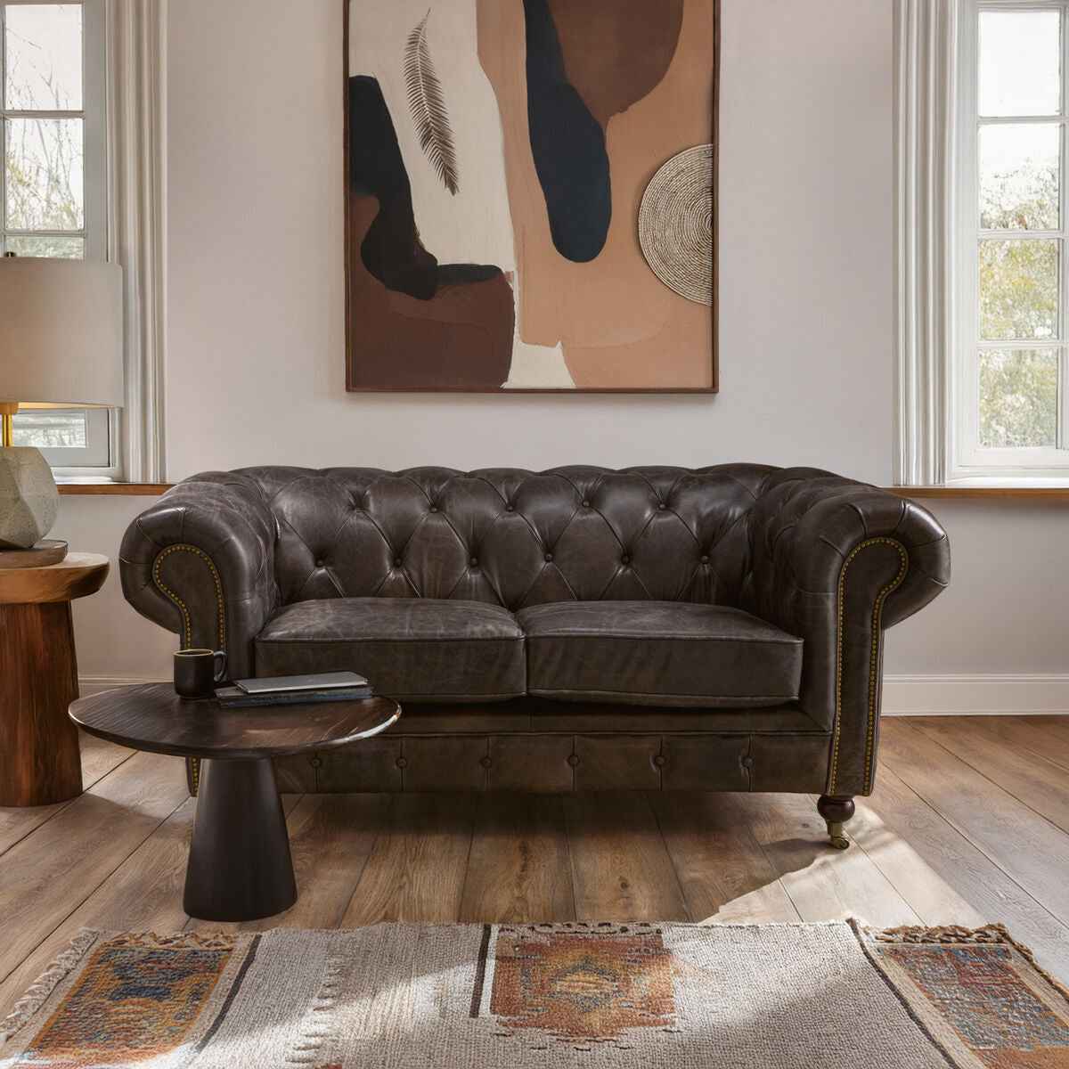 2 Seater Dark Grey Brown Leather Chesterfield Sofa | Victor