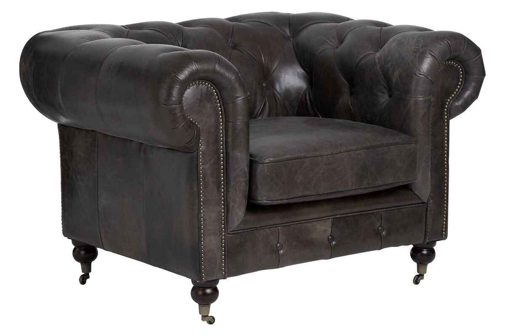 Victor Dark Grey Brown Leather Chesterfield Chair with Walnut Wood Legs