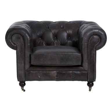 Victor Dark Grey Brown Leather Chesterfield Chair with Walnut Wood Legs