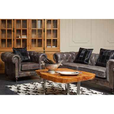 Victor Dark Grey Brown Leather Chesterfield Chair with Walnut Wood Legs