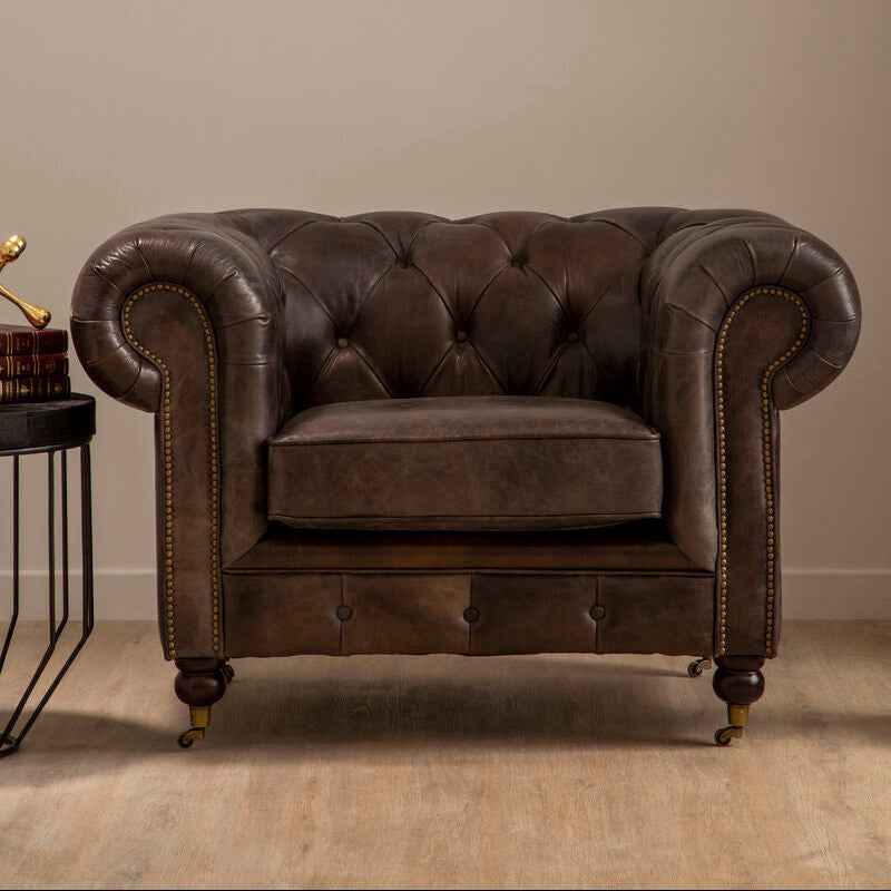Victor Dark Grey Brown Leather Chesterfield Chair with Walnut Wood Legs