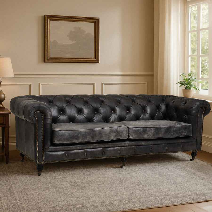 3 Seater Antique Black Chesterfield Leather Sofa | Hoxton