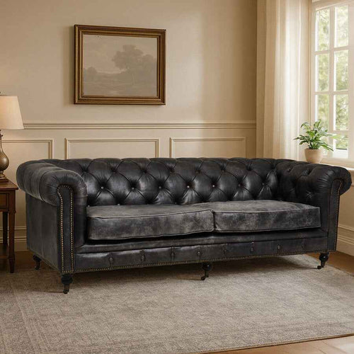 3 Seater Antique Black Chesterfield Leather Sofa | Hoxton
