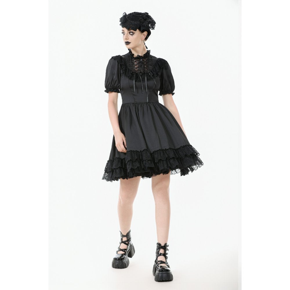 Dark in Love Belladonna Lace-Up High Collar Puff Sleeve Goth Dress  in Black - DevilGothic DevilGothic